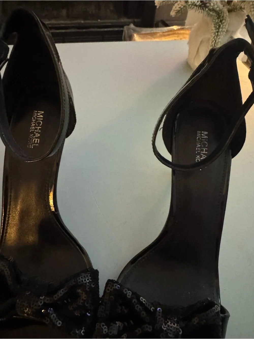 MICHAEL Michael Kors Black Sequin Bow Ankle-Strap Heels Size 8